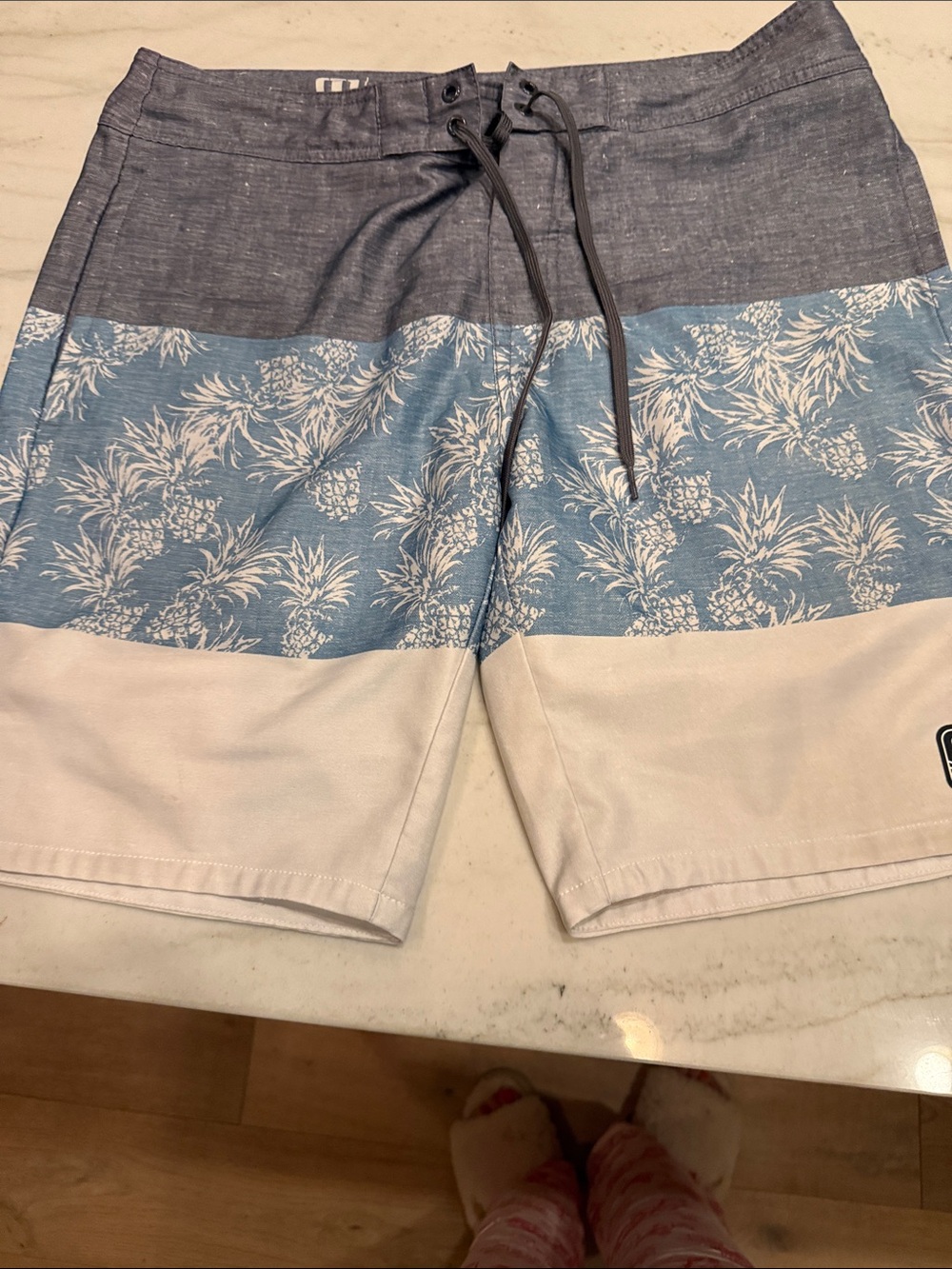 Travis Mathew Blue and White Pineapple Stripe Swim Shorts